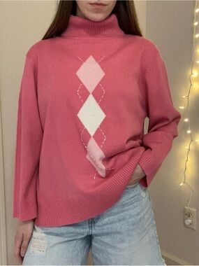 Y2K Pink Argyle Turtleneck Sweater